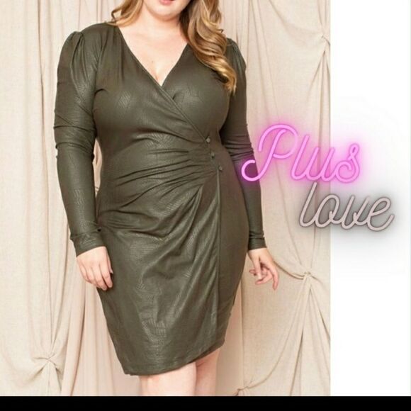Impressive V Neck Python Foil fleece Knee length Dress Olive Green sz 1x2x3x - Picture 2 of 7